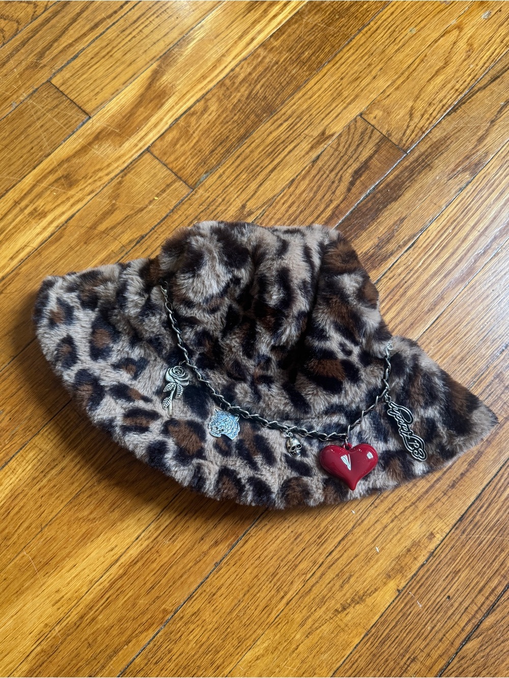 Ed Hardy Leopard Faux Fur Bucket Hat with Red Heart Charm